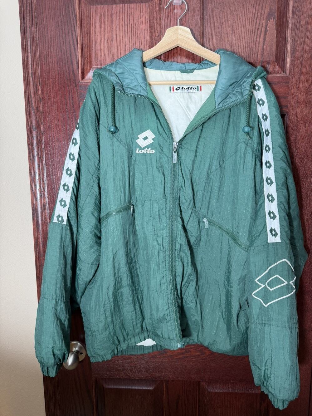 Lotto Italia Puffer Green Sport Hoodie Jacket Nylon Full Zip Vintage 90s XL?